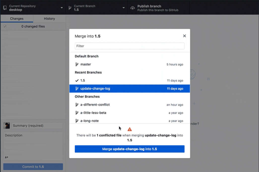 merge conflict resolution in GitHub Desktop 1.5