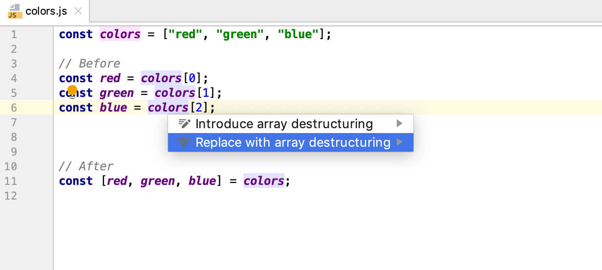 Destructuring support in WebStorm