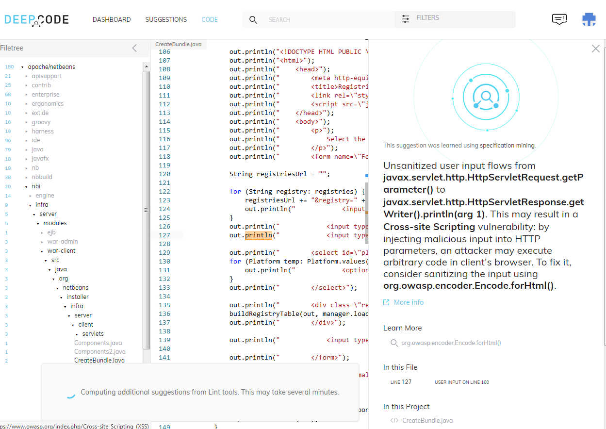 deepcode analysis dashboard