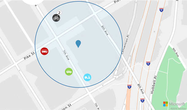Azure Maps Mobility map displaying nearby transit objects around given location