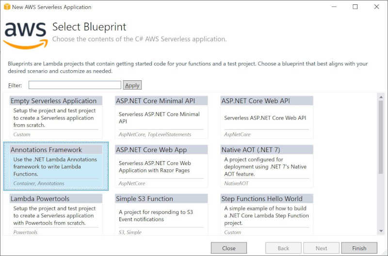 awslambda .net framework in Visual Studio